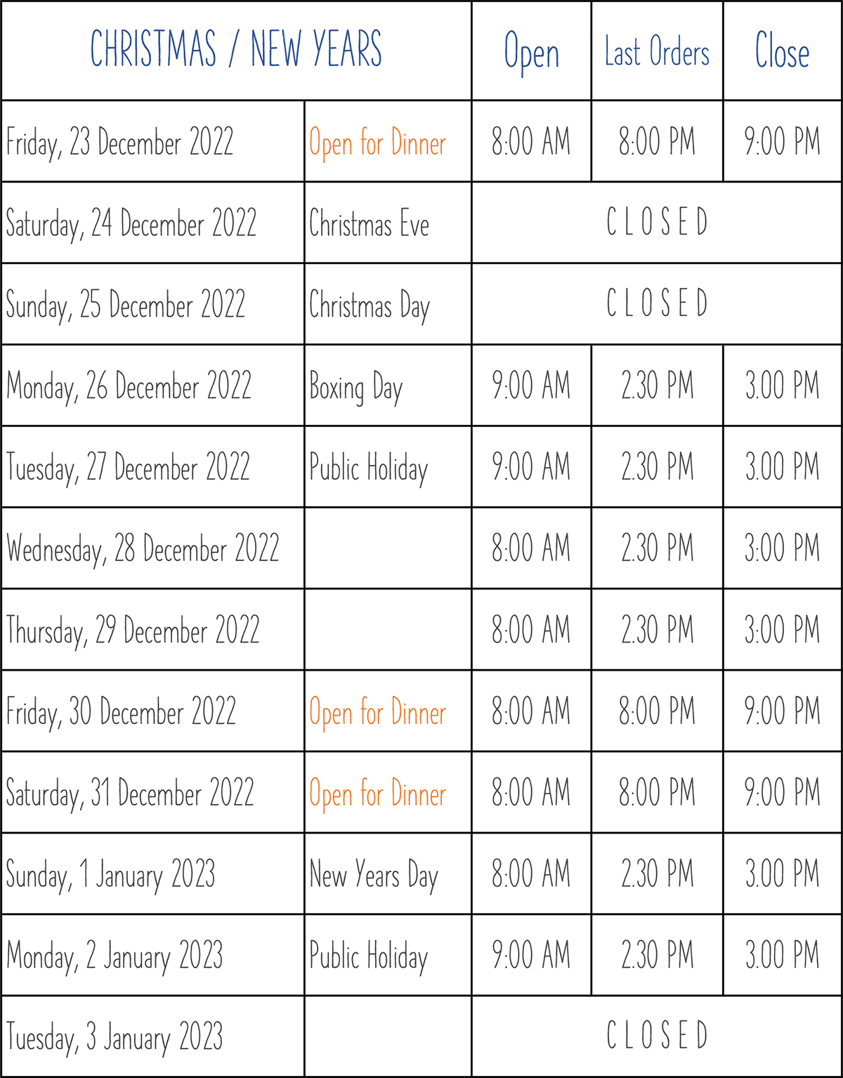 Christmas Opening Hours